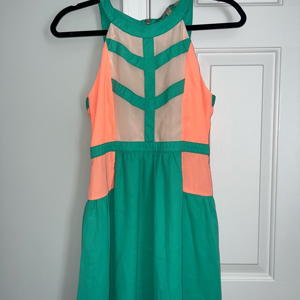 Teal and Neon Coral Colorblock Sleeveless Dress